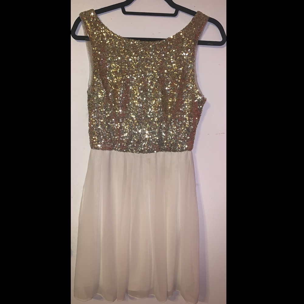 gold sequin and white dress